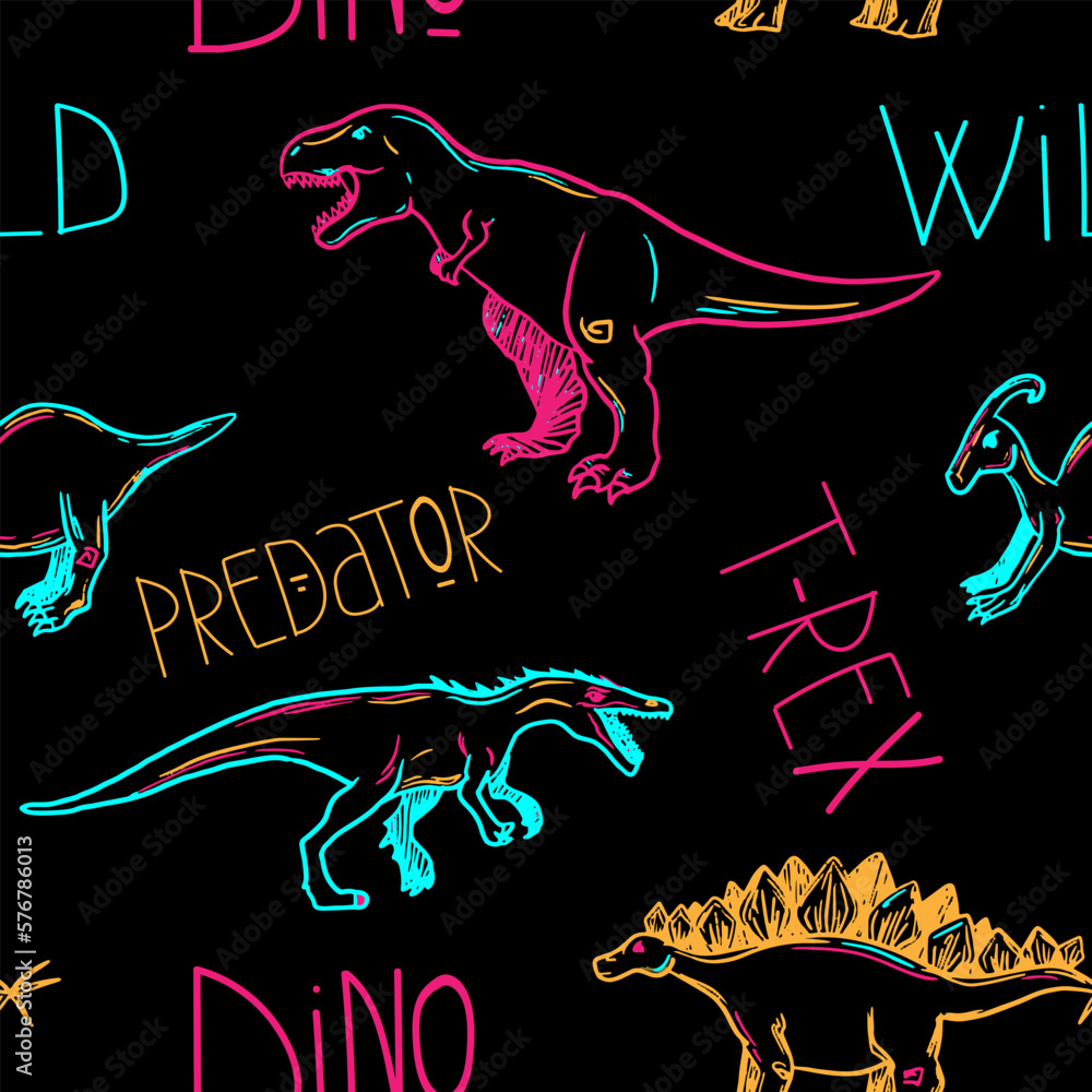 seamless pattern with predator dino. Prehistoric animal hand drawn texture. Wallpaper, textile, wrapping paper design seamless pattern with predator dino. Prehistoric animal hand drawn texture. Wallpaper, textile, wrapping paper design