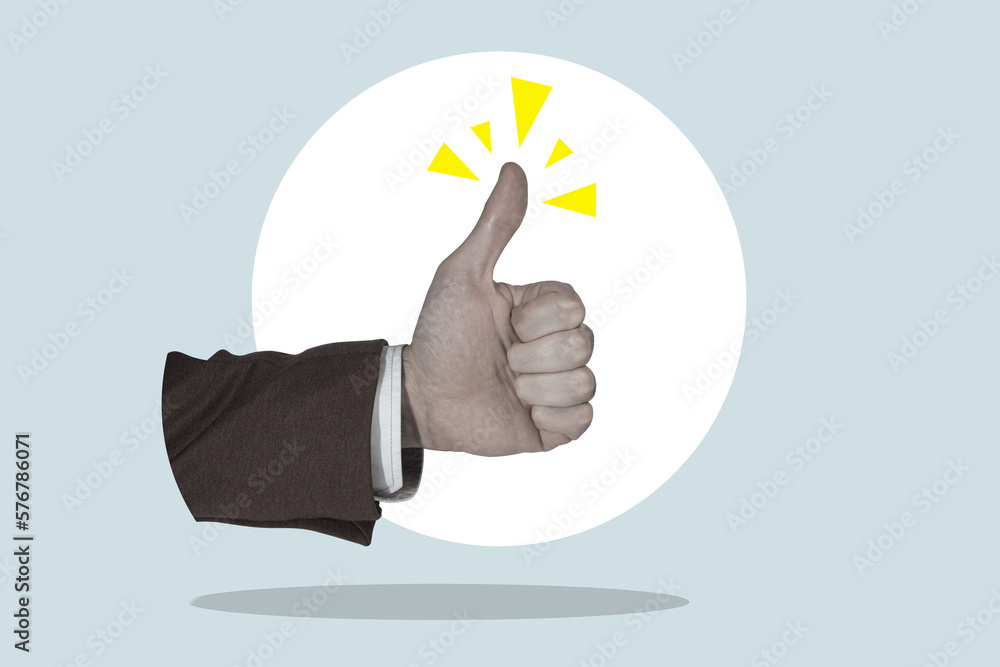 The hand shows a like on a blue background. hand gesture The hand shows a like on a blue background. hand gesture