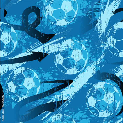 Abstract seamless geometric pattern with football. Grunge urban repeating background with soccer ball for textile, wrapping paper. 