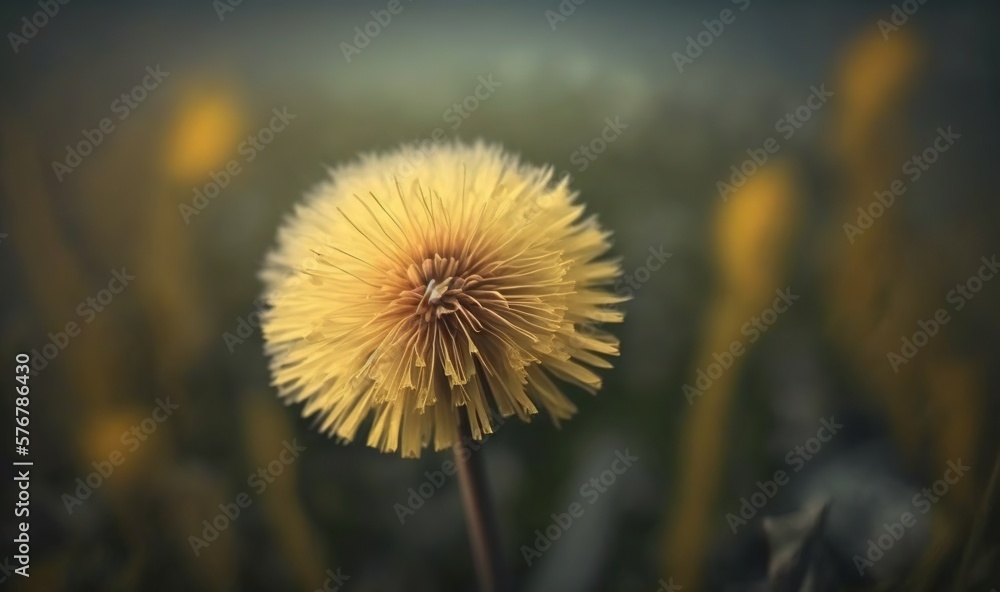 a dandelion flower in the middle of a field of yellow flowers in the background is blurry grass and a dark blue sky. generative ai a dandelion flower in the middle of a field of yellow flowers in the background is blurry grass and a dark blue sky. generative ai