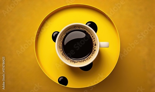  a cup of coffee sitting on top of a saucer on a yellow tablecloth with black dots on the rim of the cup and saucer. generative ai