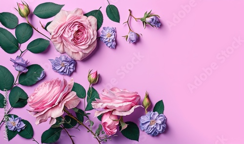  a pink background with pink and blue flowers and green leaves on the top of the image is a pink background with pink and blue flowers on the bottom.  generative ai