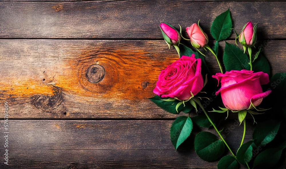  a bunch of pink roses on a wooden table with a wood planked wall in the back ground and a wooden planked wall in the background.  generative ai