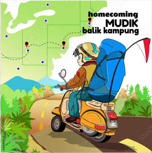 Mudik or balik kampung, is an Indonesian and Malay term for the activity where migrant workers return to their hometowns on Lebaran (Idul Fitri). In this illustration a couple rides a motorbike to the