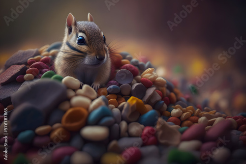 Fotografia Forest chipmunk peeks out in a pile of baked nuts, blockages, many