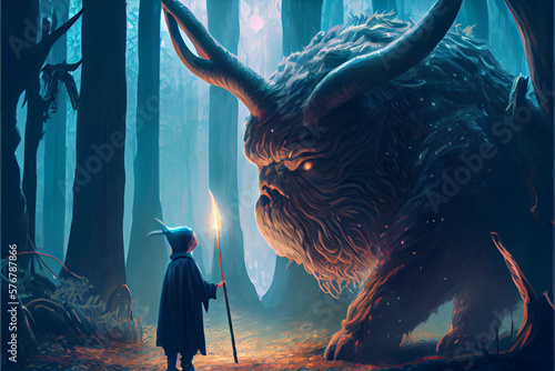 Print op canvas young wizard with magic staff and giant creature looking at each other in the fo