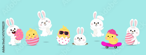 Happy Easter greeting card with cute yellow chick, colourful eggs, bunny and rabbit. Animal wildlife holiday cartoon character. -Vector.
