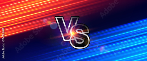 Red and blue fast lines versus background with glowing VS sign. Fight night. Versus battle. Sports, racing, gaming, comparison and competition. Vector template.