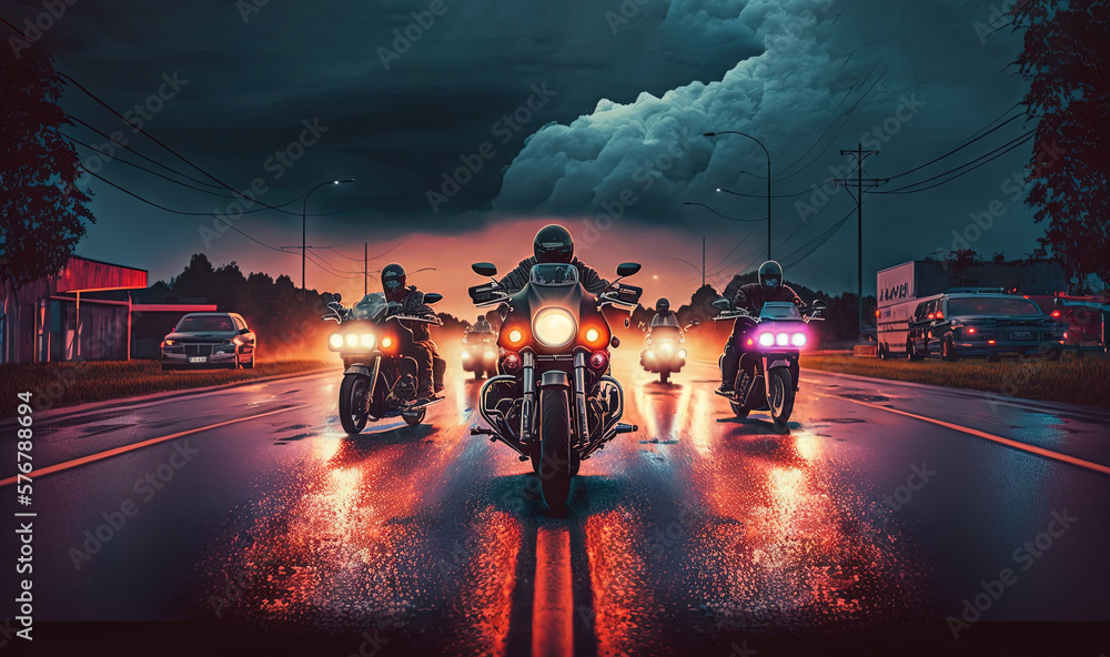 a group of people riding motorcycles down a rain soaked road at night
