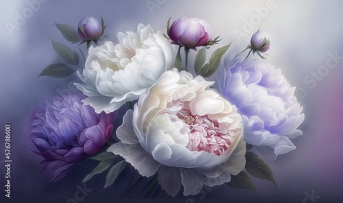  a painting of a bouquet of flowers on a blue background with a pink center and purple petals on the petals and a white center and purple center. generative ai