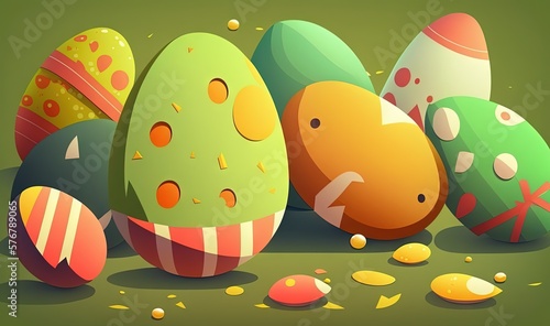  a bunch of colorful eggs sitting on top of a green table top next to a pile of gold coins and a green background with an arrow. generative ai