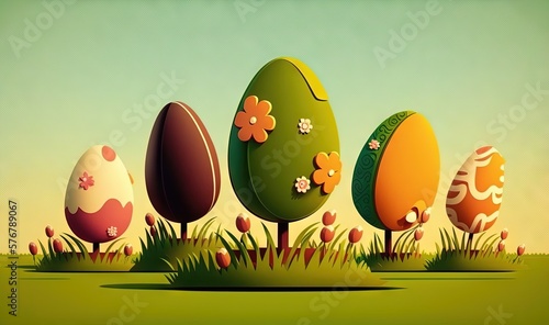  a group of eggs sitting on top of a lush green field next to trees and flowers on a sunny day with a blue sky in the background. generative ai