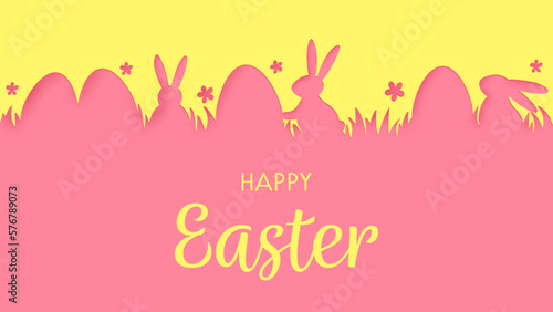 Easter greeting card with eggs and flowers. Paper cut style design. Vector illustration