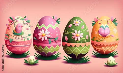  a row of decorated easter eggs sitting on top of green grass with flowers and a bird on top of one of the eggs, on a pink background. generative ai