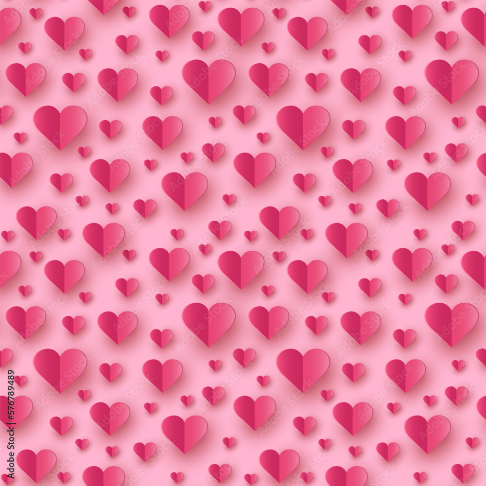 Paper cut hearts flying on pink background. Seamless texture. Concept of design for Valentine’s Day, Mother’s Day and Women’s Day. Vector illustration