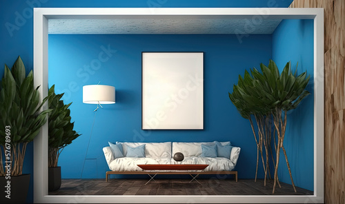  a living room with blue walls and a white couch in the middle of the room with a poster on the wall above the couch is a coffee table with a plant and a lamp.  generative ai