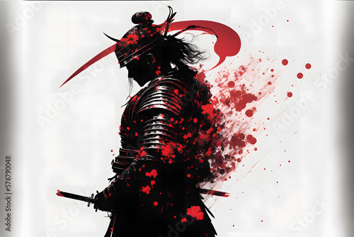 A thoughtful samurai in armor stands in profile against the abstract red and white background. Neural network AI generated art photo