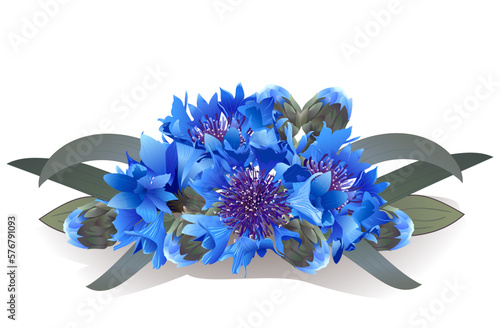 Decorative boutonniere bouquet of blue cornflower flowers for wallpaper decor, postcards, weddings, holidays