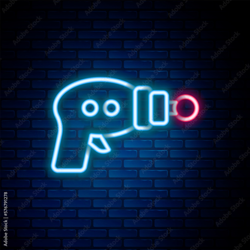 Glowing neon line Ray gun icon isolated on brick wall background. Laser weapon. Space blaster. Colorful outline concept. Vector Glowing neon line Ray gun icon isolated on brick wall background. Laser weapon. Space blaster. Colorful outline concept. Vector