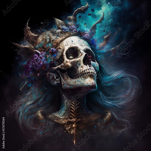 Skull in crown with flowers