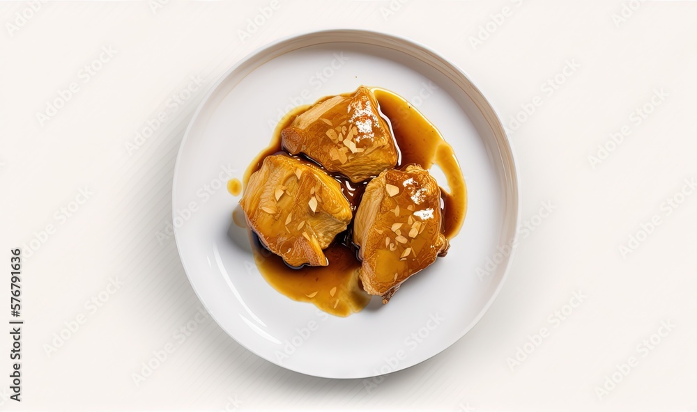 a white plate topped with fried food covered in gravy on a white tablecloth covered in a white sauce on top of a white table. generative ai a white plate topped with fried food covered in gravy on a white tablecloth covered in a white sauce on top of a white table. generative ai