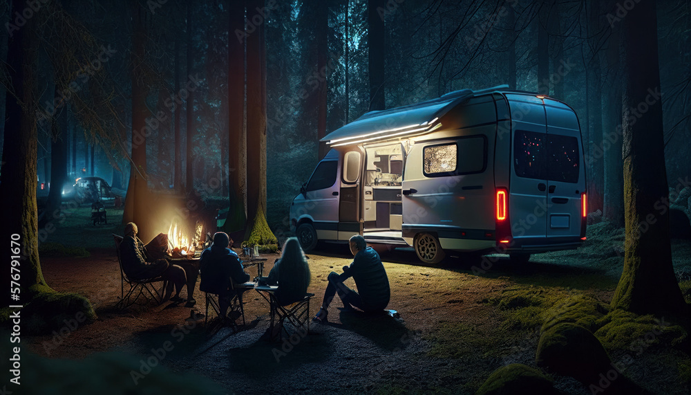 Auto camping, a view of young people enjoying outdoor recreation around a  campfire in the late evening while camping with a van in the woods.  Generative AI Stock Illustration