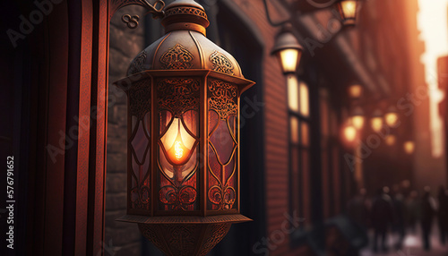 Glowing lantern with arabic street in soft focus on background. Ramadan Kareem concept. Generative AI