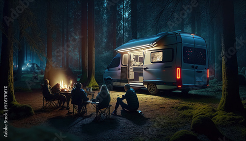 Leinwand Poster Auto camping, a view of young people enjoying outdoor recreation around a campfire in the late evening while camping with a van in the woods