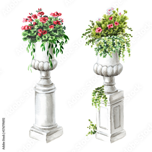 Garden decorative marble flowerpot set, Landscape design element, Hand drawn watercolor illustration isolated on white background
