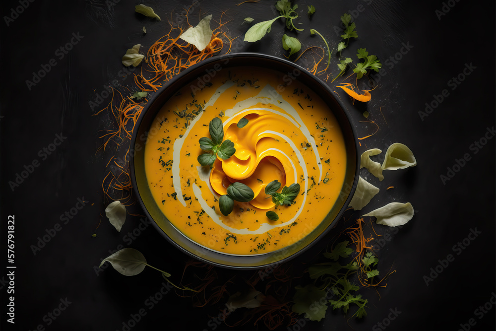 Creamy pumpkin soup. Autumn Pumpkin cream soup with herbs Top view. Ai generated art Creamy pumpkin soup. Autumn Pumpkin cream soup with herbs Top view. Ai generated art