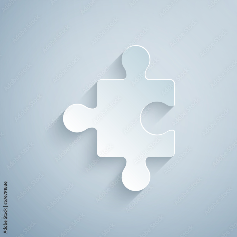 Paper cut Piece of puzzle icon isolated on grey background. Business, marketing, finance, layout, infographics, internet concept. Paper art style. Vector Paper cut Piece of puzzle icon isolated on grey background. Business, marketing, finance, layout, infographics, internet concept. Paper art style. Vector