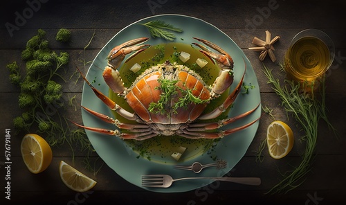  a plate of food with a crab and lemon slices on it and a fork and knife on the side of the plate and a glass of wine and lemon wedges on the side. generative ai