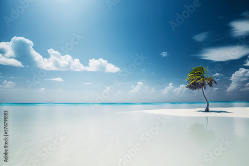 One palm on a empty white beach. Idyllic tropical seascape. Paradise beach. Generative AI