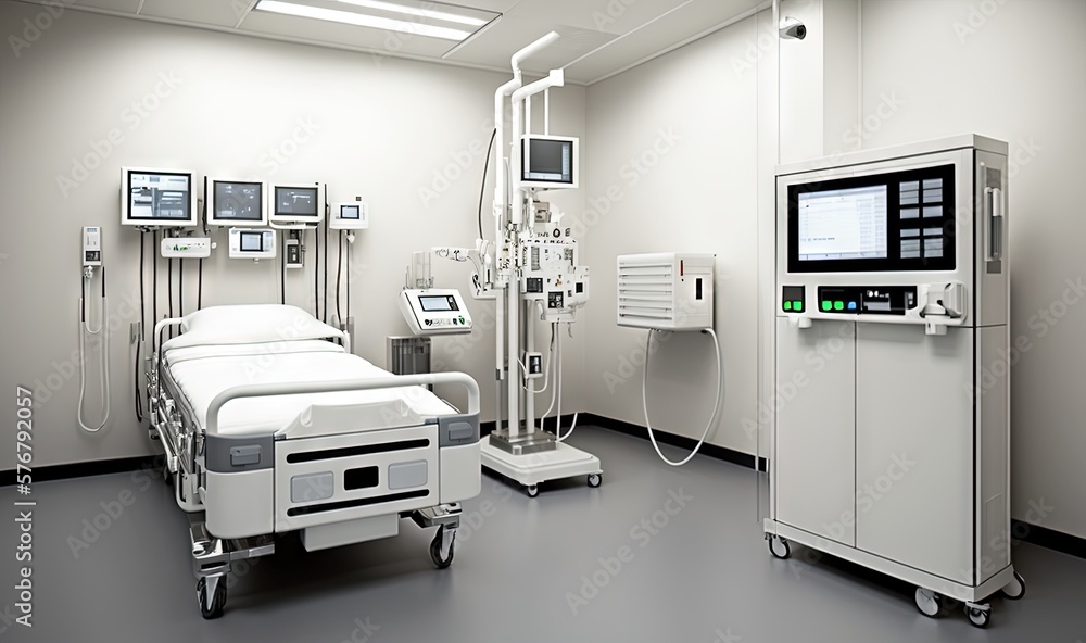 a hospital room with a bed, monitor, and other medical equipment in it's walls and flooring and a wall mounted tv on the wall. generative ai a hospital room with a bed, monitor, and other medical equipment in it's walls and flooring and a wall mounted tv on the wall. generative ai