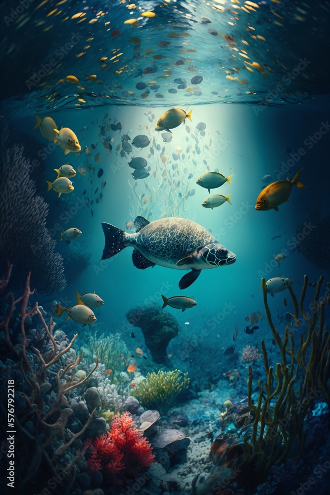 Obraz premium underwater_Landscape with fishes. Generative ai.