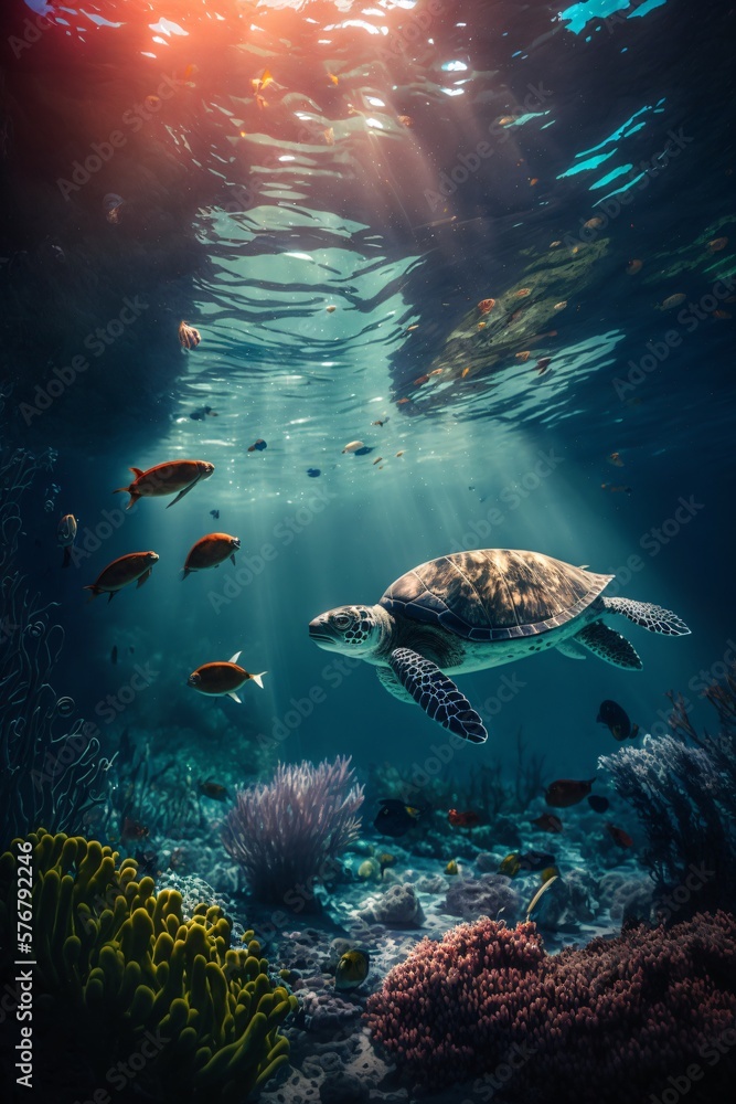 Fototapeta premium underwater_Landscape with fishes. Generative ai.