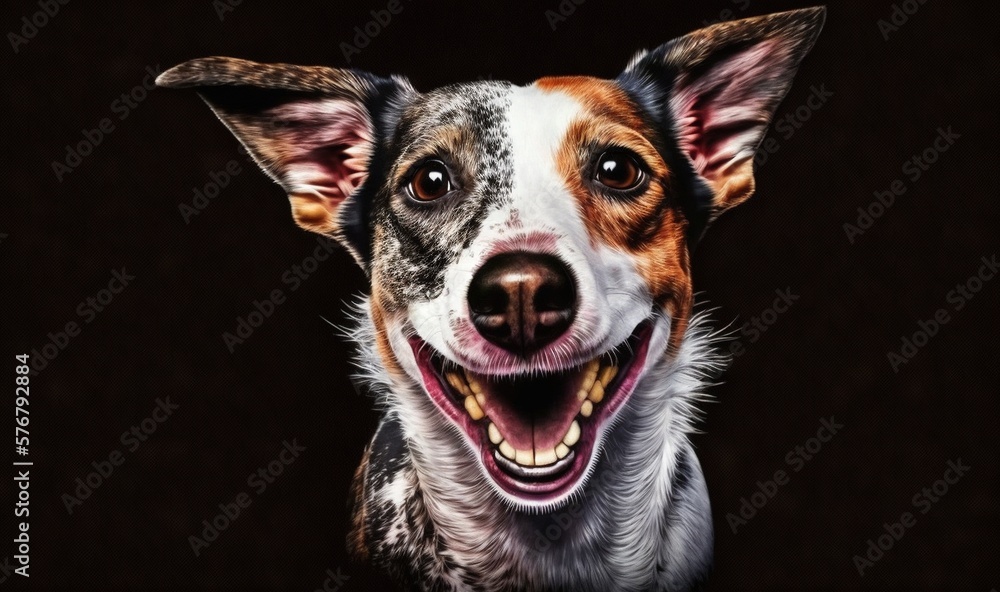  a close up of a dog's face with its mouth open and a black background with a brown spot in the middle of the image.  generative ai