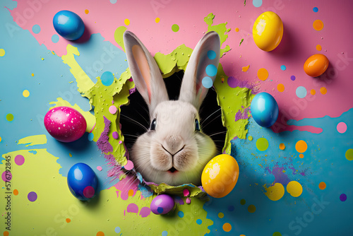 Rabbit tore a hole in a paper background, jumps out of a hole in a blue wall, fluffy eared rabbit, easter bunny banner, rabbit jumps out of a torn hole, Generative AI