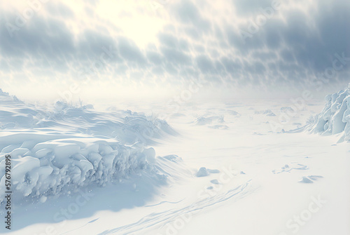 Snow dunes panorama during blizzard. White and empty frozen scenic imaginary landscape. Generative AI © AngrySun