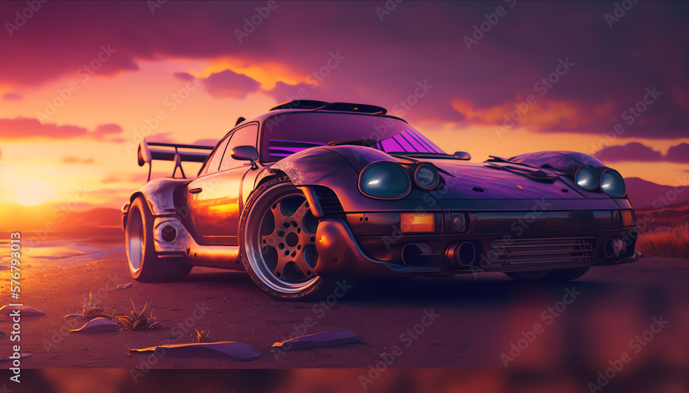 Naklejka premium 90s retro design with sports car and sunset view