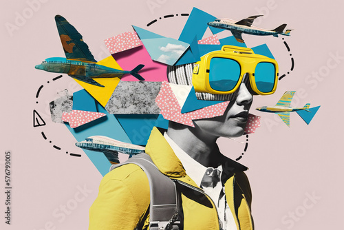 Young woman travel with backpack, planes, travel itinerary, vacation planning, modern art collage, contemporary design, bright bold colors, generative ai