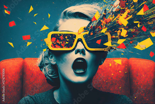Woman in retro style with great enthusiasm watching a movie in a cinema with red chairs, expression, excited woman, modern art collage, contemporary photo collage, vintage, comic style, Generative AI