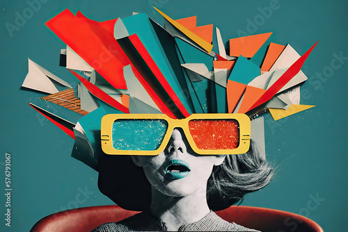 Woman in retro style with great enthusiasm watching a movie in a cinema with red chairs, expression, excited woman, modern art collage, contemporary photo collage, vintage, comic style, Generative AI