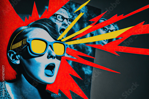 Woman in retro style with great enthusiasm watching a movie in a cinema with red chairs, expression, excited woman, modern art collage, contemporary photo collage, vintage, comic style, Generative AI