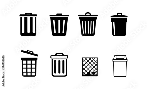 Trash bin or litter box icon collection on black and white theme