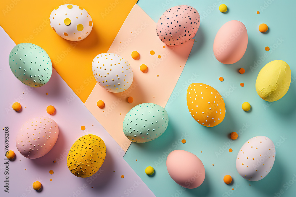 Colorful Easter eggs in retro, pop art style. Volumetric image, geometric shapes, pastel bright colors. Generative AI Colorful Easter eggs in retro, pop art style. Volumetric image, geometric shapes, pastel bright colors. Generative AI