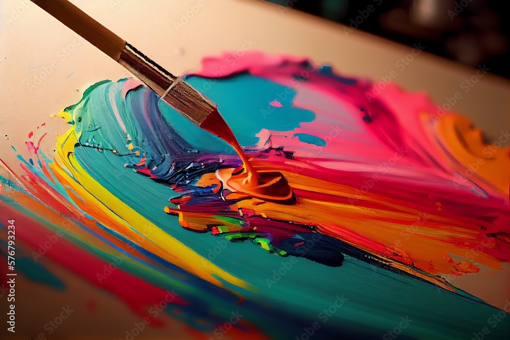 Fototapeta premium A Paintbrush Drawing A Colorful Abstract Painting On A Canvas. Generative AI