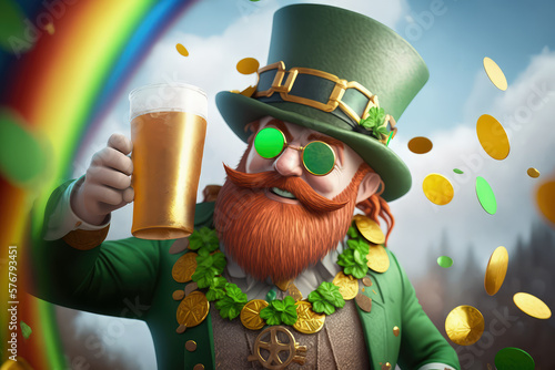 Photographie Funny red beard leprechaun in a green hat with a shamrock holds beer mug with green ale, extreme luck to find the end of rainbow and pot of gold coins