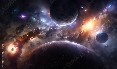  a space scene with planets and stars in the sky and a distant star cluster in the foreground with a distant star cluster in the foreground.  generative ai