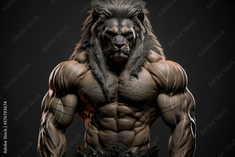 Portrait of a strong male lion in a gym, bodybuilding concept generative ai